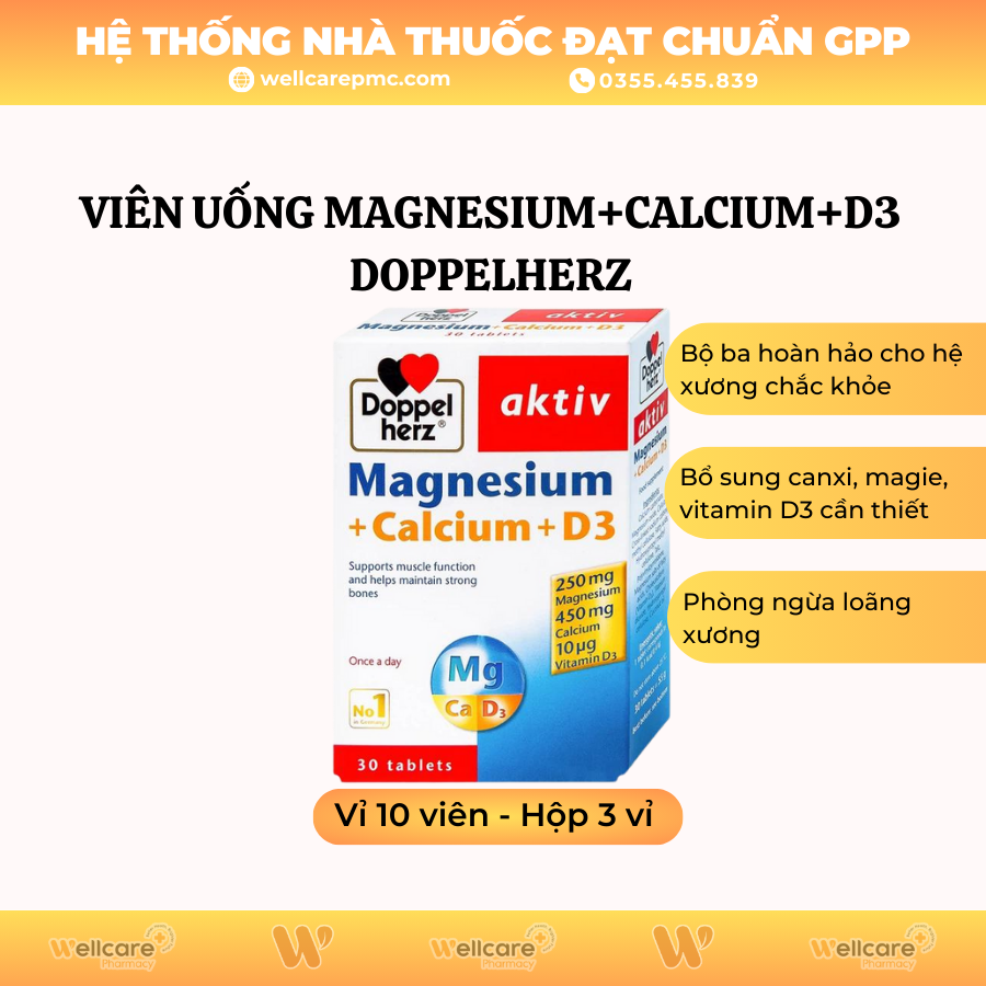 Viên uống Magnesium+Calcium+D3 Doppelherz – Bổ sung canxi giúp cơ và xương khỏe mạnh (Hộp 3 vỉ x 10 viên)