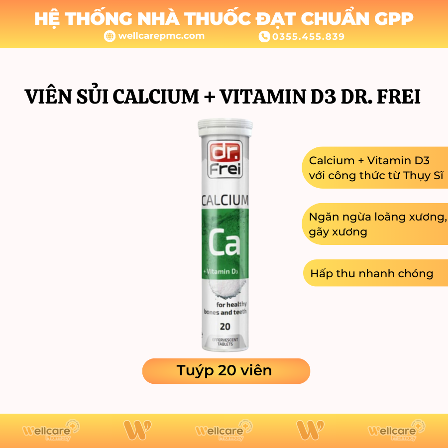 Viên sủi Calcium + Vitamin D3 Dr. Frei bổ sung calcium + vitamin D3 (Tuýp 20 viên)