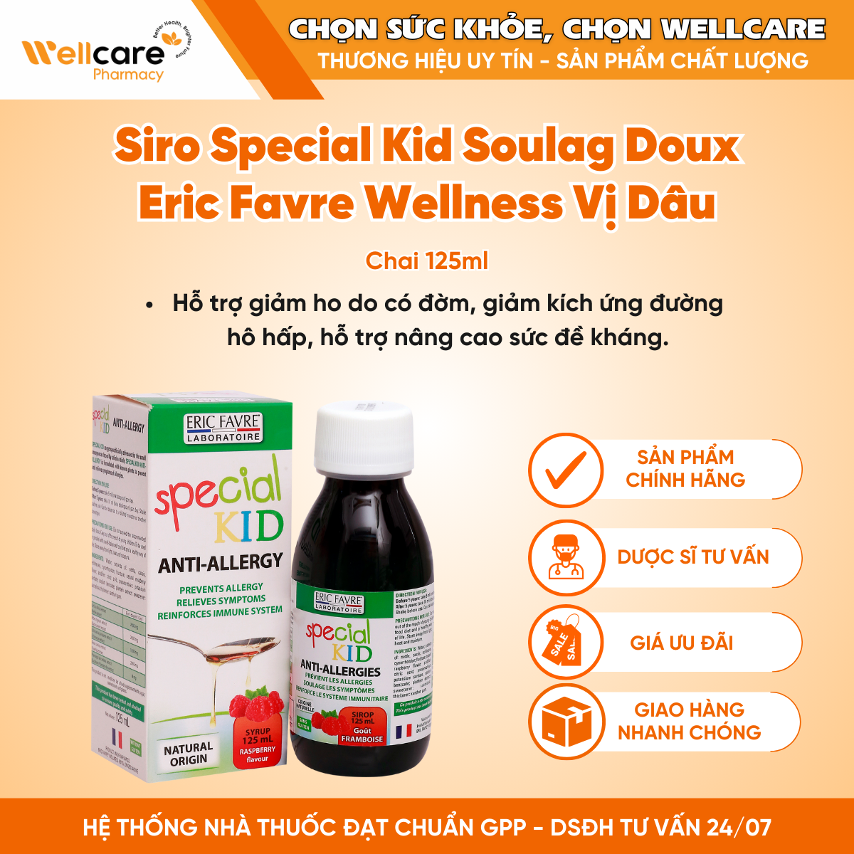 Siro Special Kid Soulag Doux Eric Favre Wellness Vị Dâu – Hỗ trợ nhuận tràng, kích thích tiêu hóa (Chai 125ml)