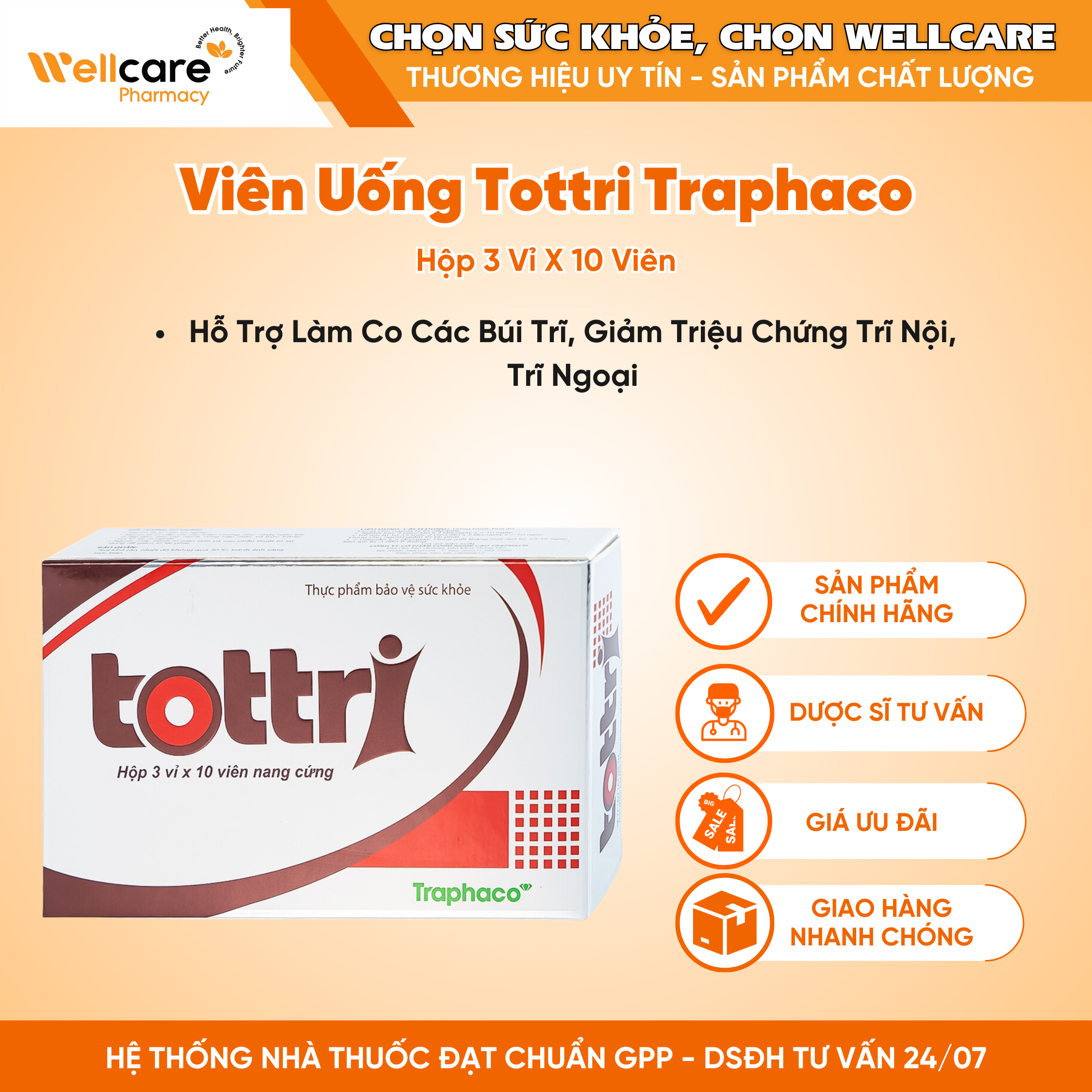 Viên uống Tottri Traphaco – Hỗ trợ làm co các búi trĩ, giảm triệu chứng trĩ nội, trĩ ngoại (Hộp 3 vỉ x 10 viên)