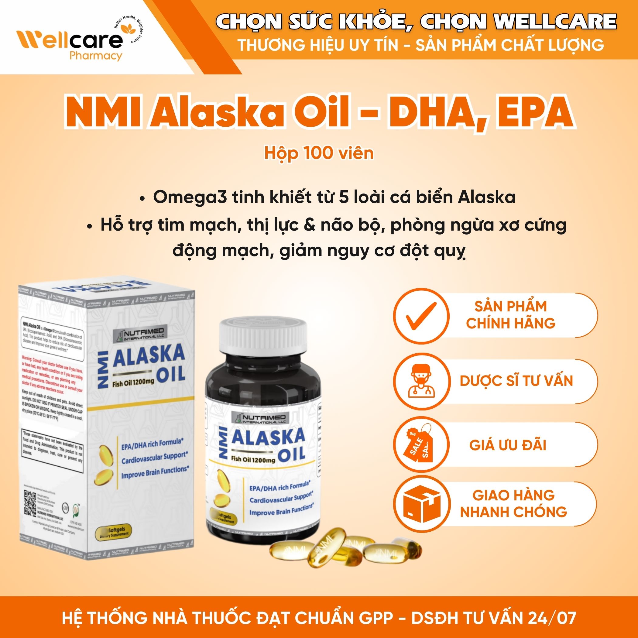 NMI Alaska Oil – Viên uống hỗ trợ bổ sung EPA, DHA hỗ trợ tim mạch khoẻ mạnh (Hộp 100 viên)