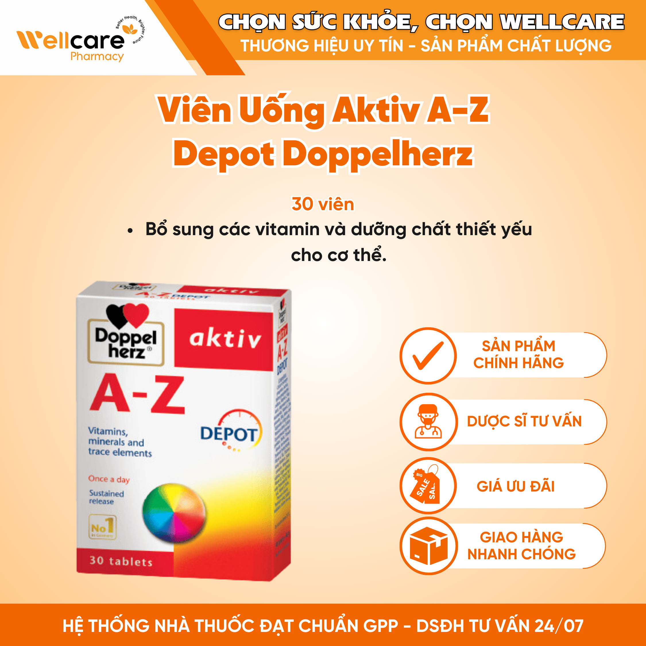 Viên uống Aktiv A-Z Depot Doppelherz – Bổ sung vitamin và khoáng chất (Hộp 3 vỉ x 10 viên)