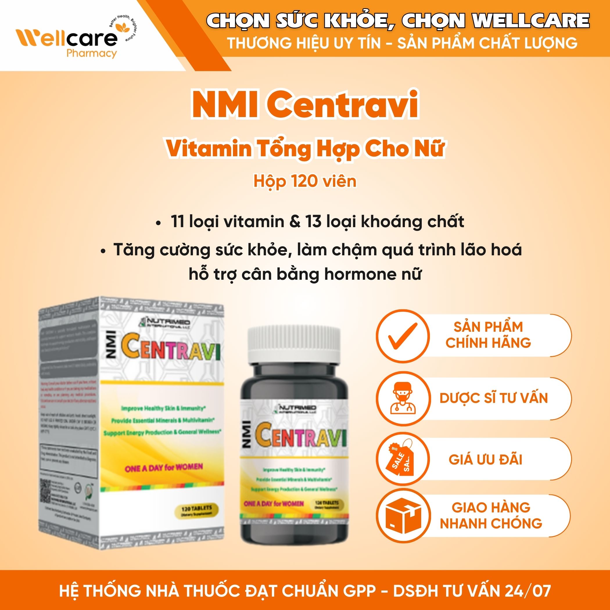 NMI Centravi – Viên uống bổ sung vitamin và khoáng chất cho cơ thể, giúp tăng cường sức khỏe cho nữ giới (Hộp 120 viên)