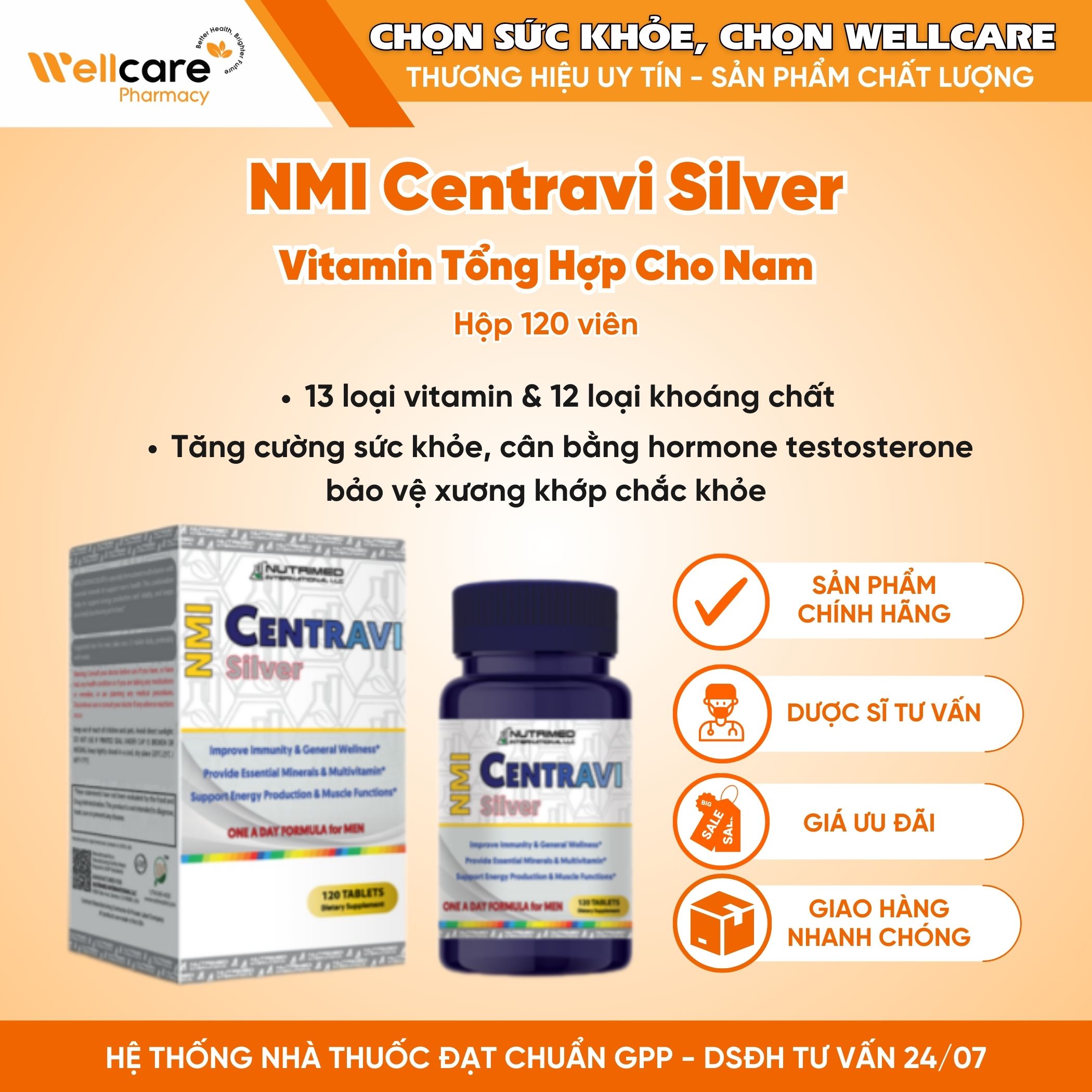 NMI Centravi Silver – Viên uống bổ sung vitamin và khoáng chất, giúp tăng cường sức khỏe cho nam giới (Hộp 120 viên)