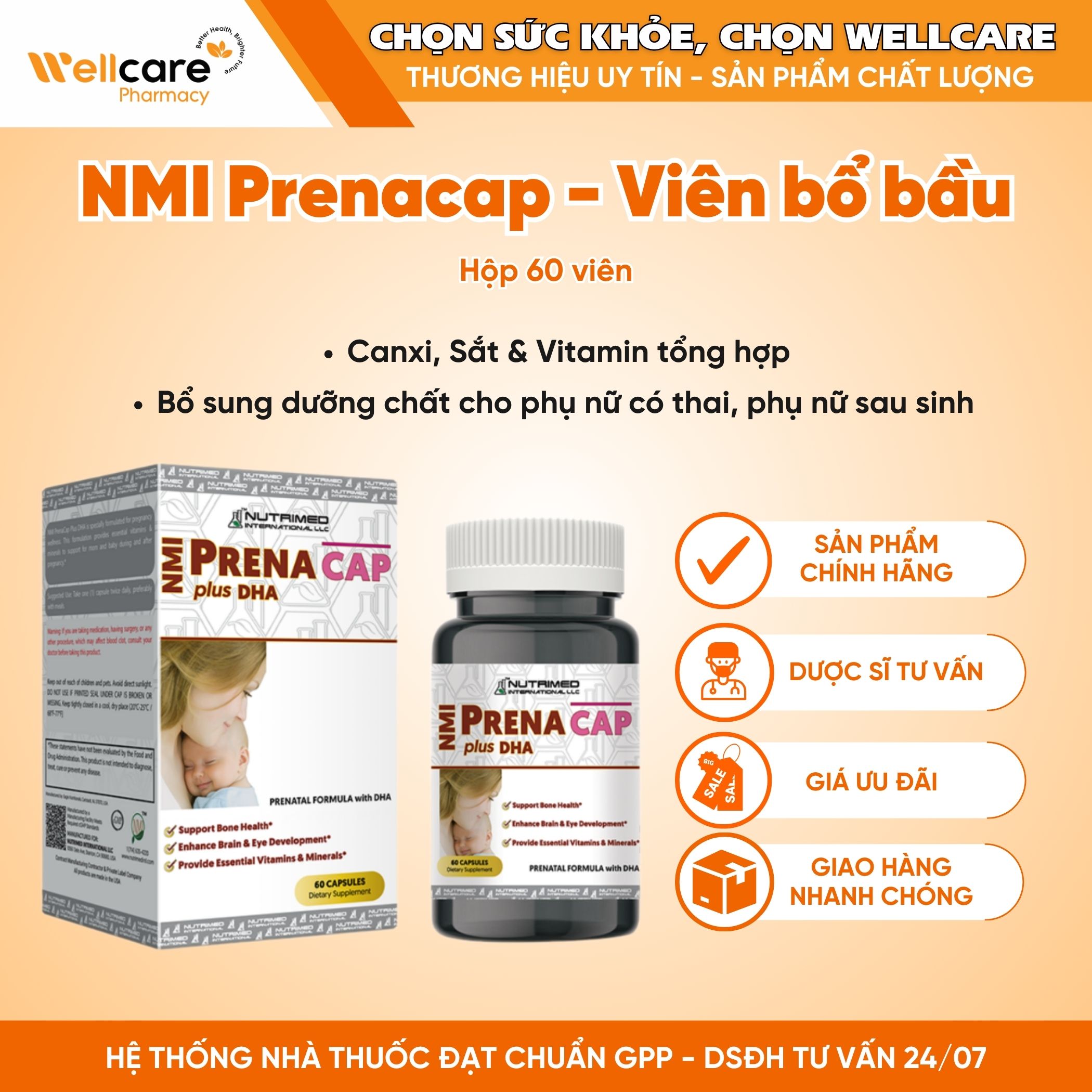 NMI Prenacap Plus DHA – Viên Uống Hỗ Trợ Bổ Sung Vitamin Và Khoáng Chất Cho Phụ Nữ Mang Thai Và Sau Sinh (Hộp 60 Viên)