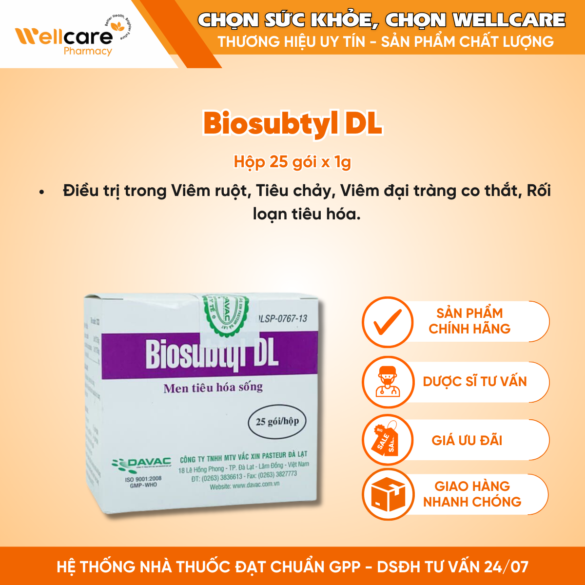 Thuốc Biosubtyl DL Davac – Hỗ trợ điều trị tiêu chảy, viêm đại tràng (25 gói x 1g)