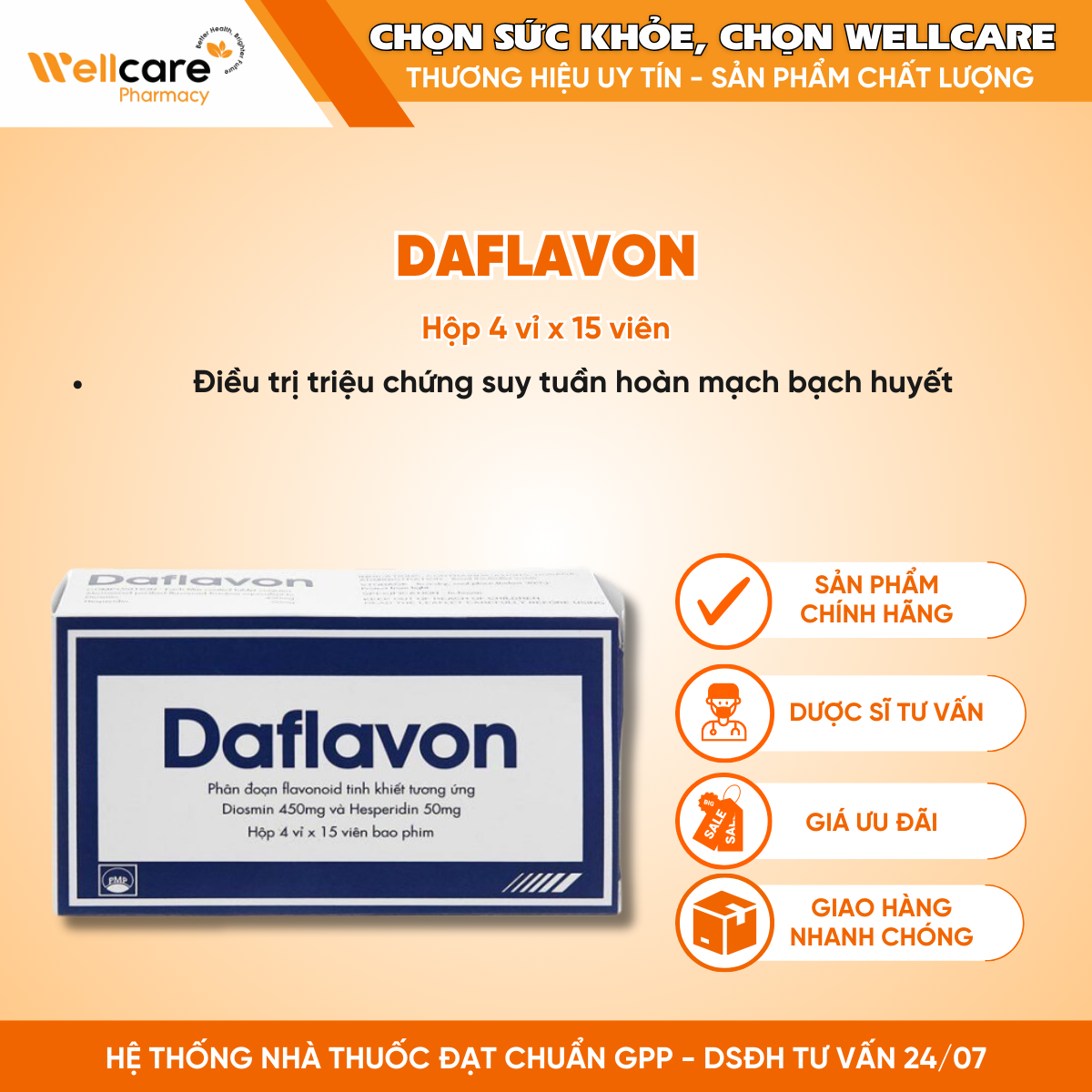 Thuốc DAFLAVON TAB F.C 500MG Pymepharco – Điều trị triệu chứng suy tuần hoàn mạch bạch huyết (60 viên)