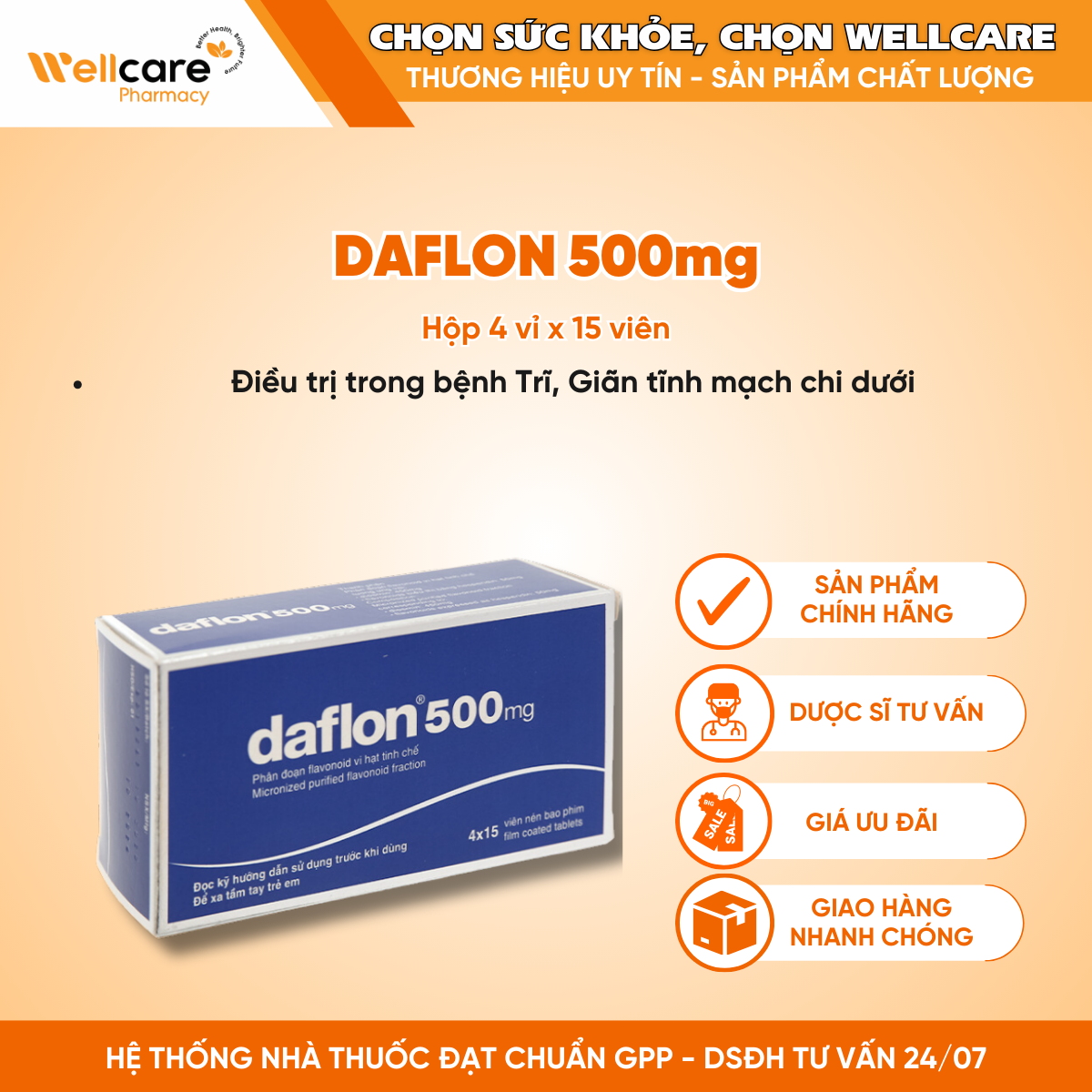 DAFLON TAB 500MG 60’S – Thuốc trị viêm tĩnh mạch & giãn tĩnh mạch (Hộp 4 vỉ x 15 viên)