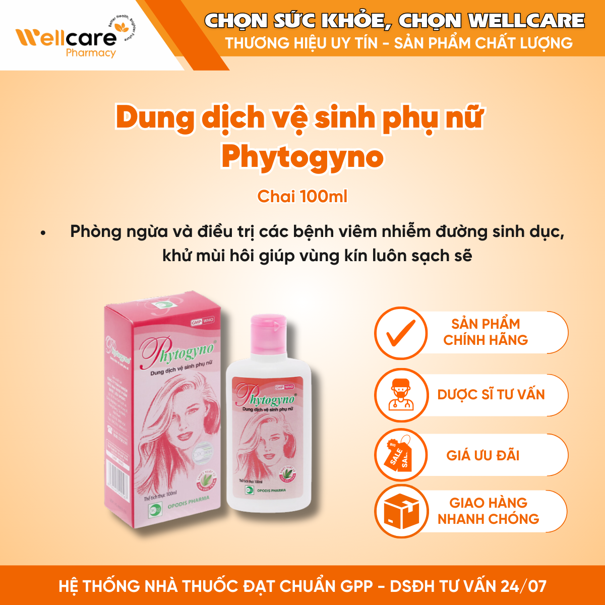 Dung dịch vệ sinh phụ nữ Phytogyno Opodis Pharma dịu nhẹ, kháng khuẩn (100ml)