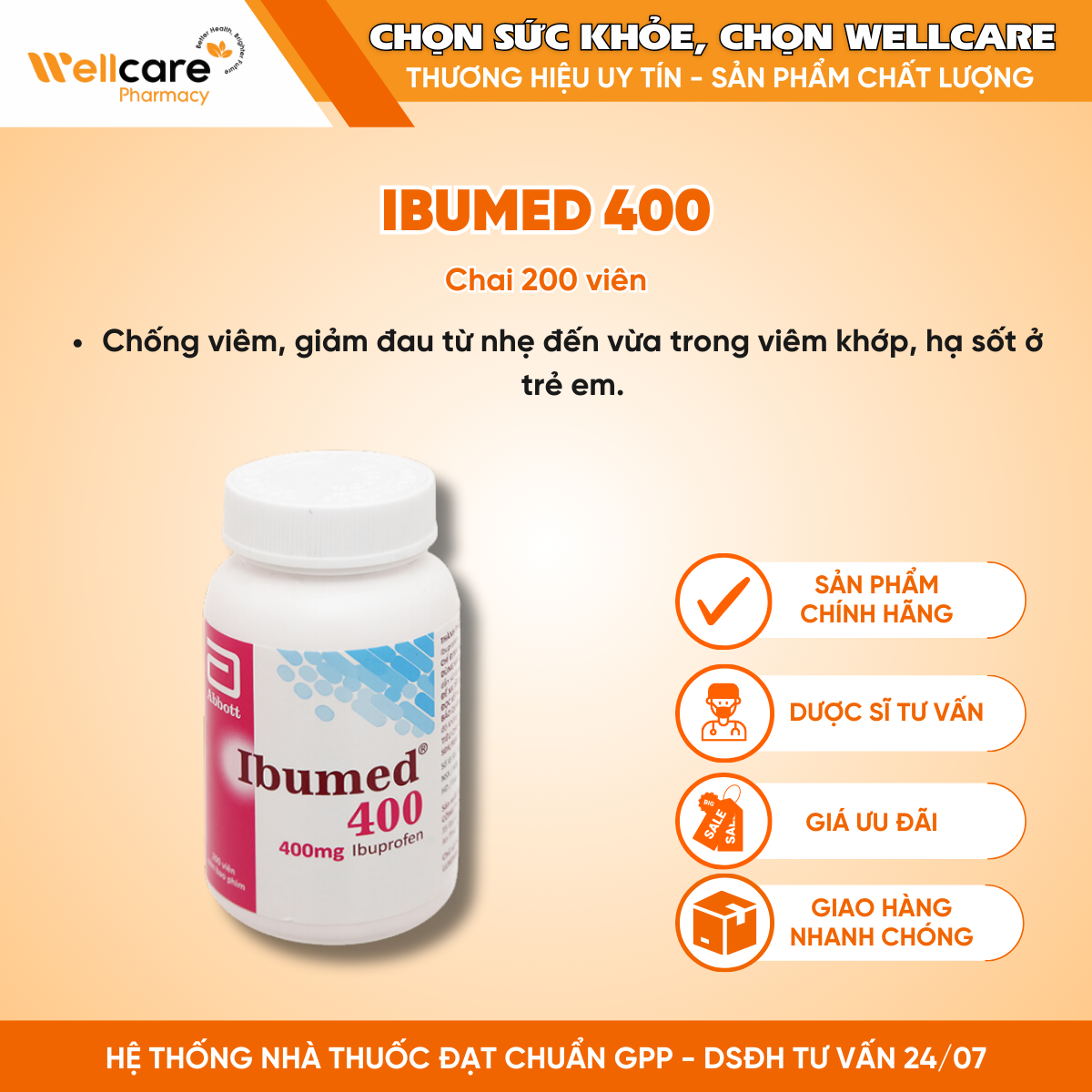 IBUMED 400 – Giảm đau, hạ sốt, kháng viêm (Chai 200 viên)