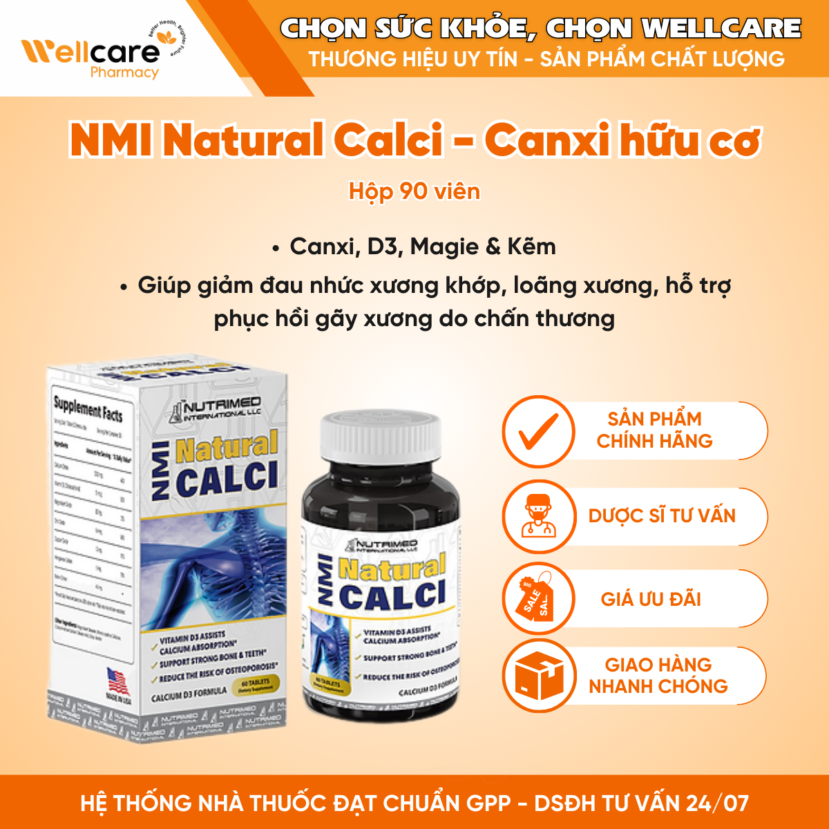 NMI Natural Calci – Viên uống hỗ trợ xương răng chắc khỏe, giảm nguy cơ loãng xương (Hộp 90 viên)