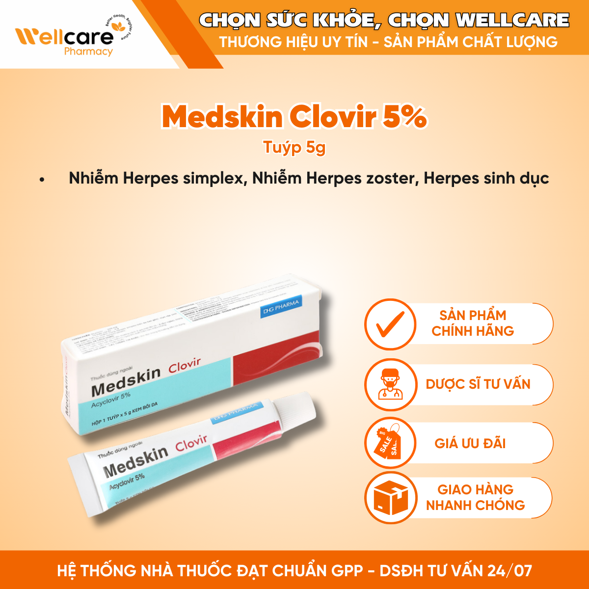 Medskin Clovir 5% DHG – Điều trị nhiễm trùng da, mụn rộp sinh dục (Tuýp 5g)