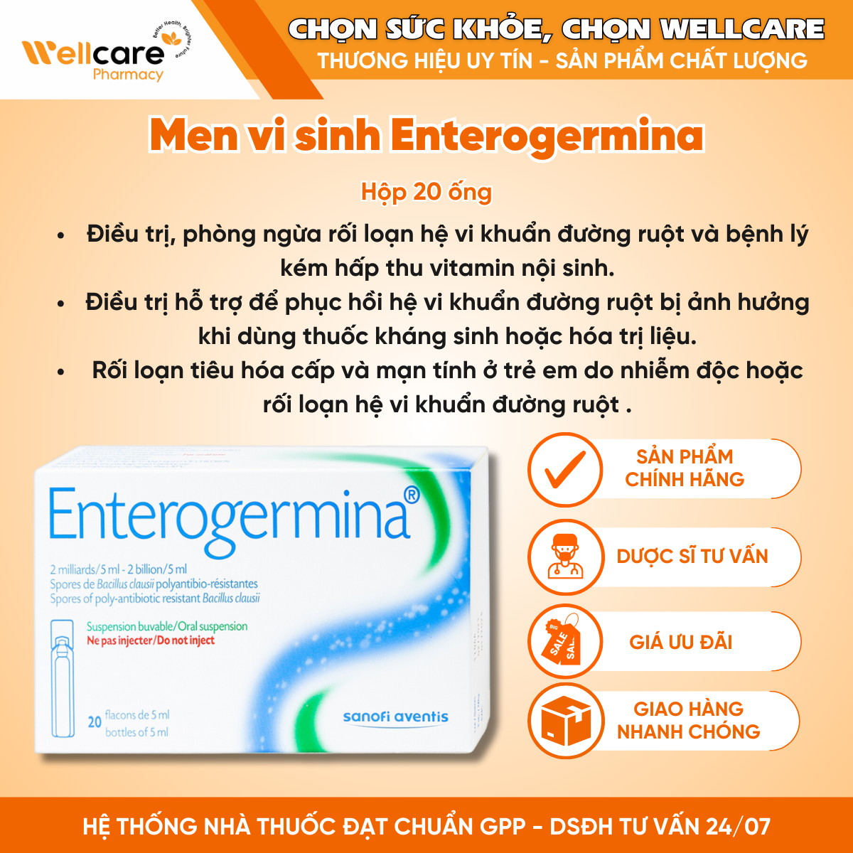 Hỗn dịch men vi sinh Enterogermina 2 tỷ/5ml – Trị rối loạn tiêu hóa (20 ống x 5ml)