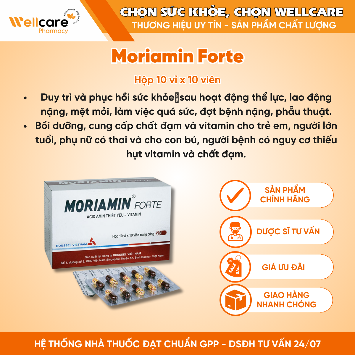 Thuốc Moriamin Forte Roussel – Hỗ trợ duy trì và phục hồi sức khỏe (Hộp 10 vỉ x 10 viên)