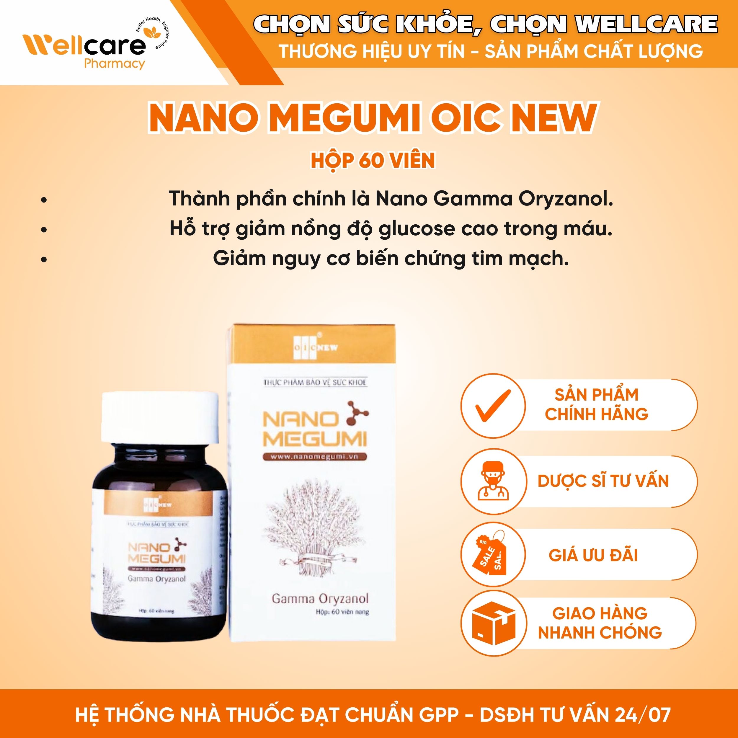 Nano Megumi OIC NEW – Hỗ trợ giảm nguy cơ biến chứng tim mạch cho đái tháo đường (Hộp 60 viên)