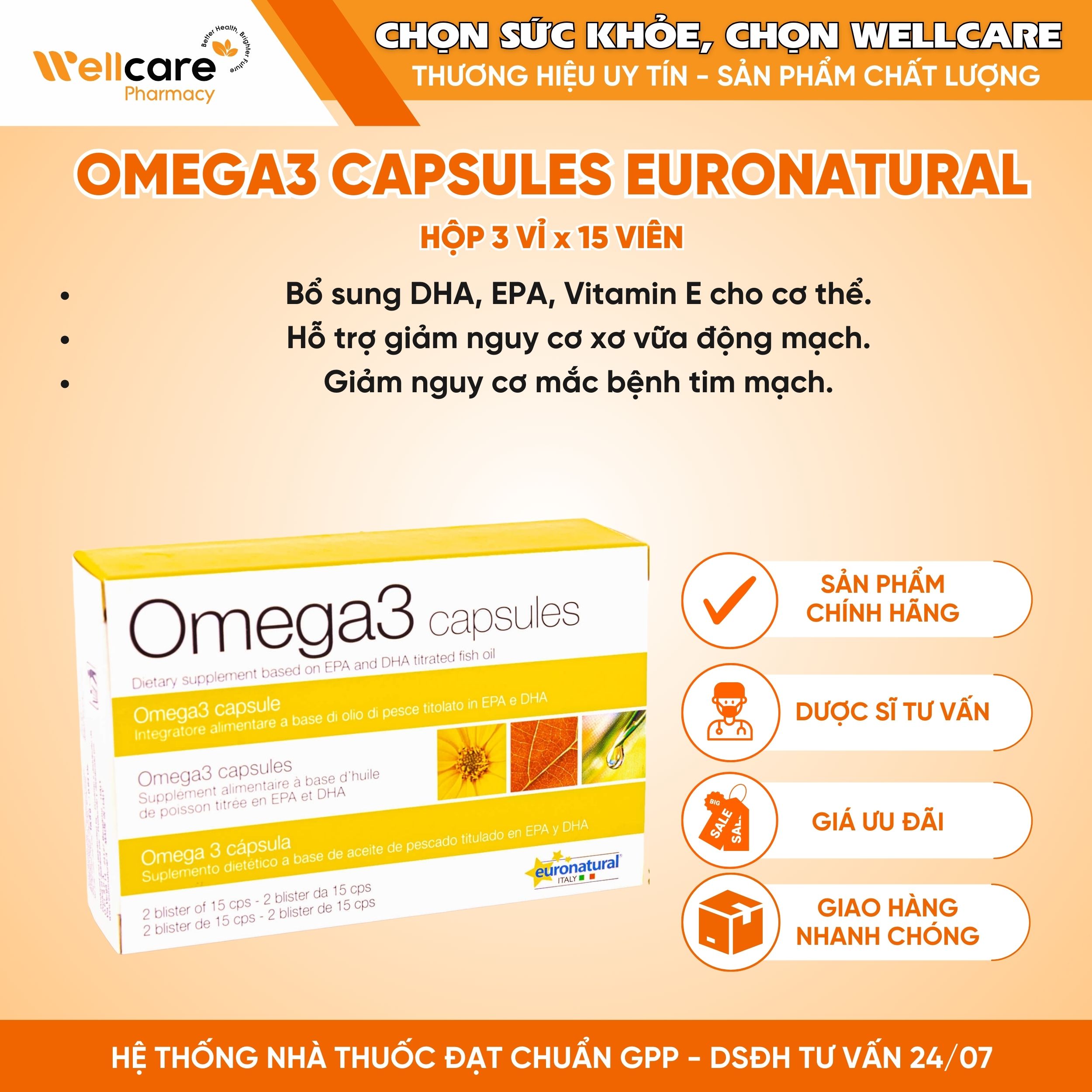 Omega3 Capsules Euronatural – Hỗ trợ giảm nguy cơ mắc các bệnh tim mạch (Hộp 3 vỉ x 15 viên)