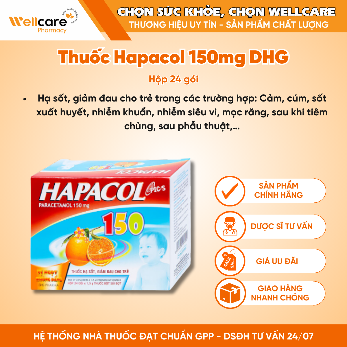 Thuốc Hapacol 150mg DHG vị cam – Hỗ trợ giảm đau, hạ sốt cho trẻ (24 gói x 1.5g)