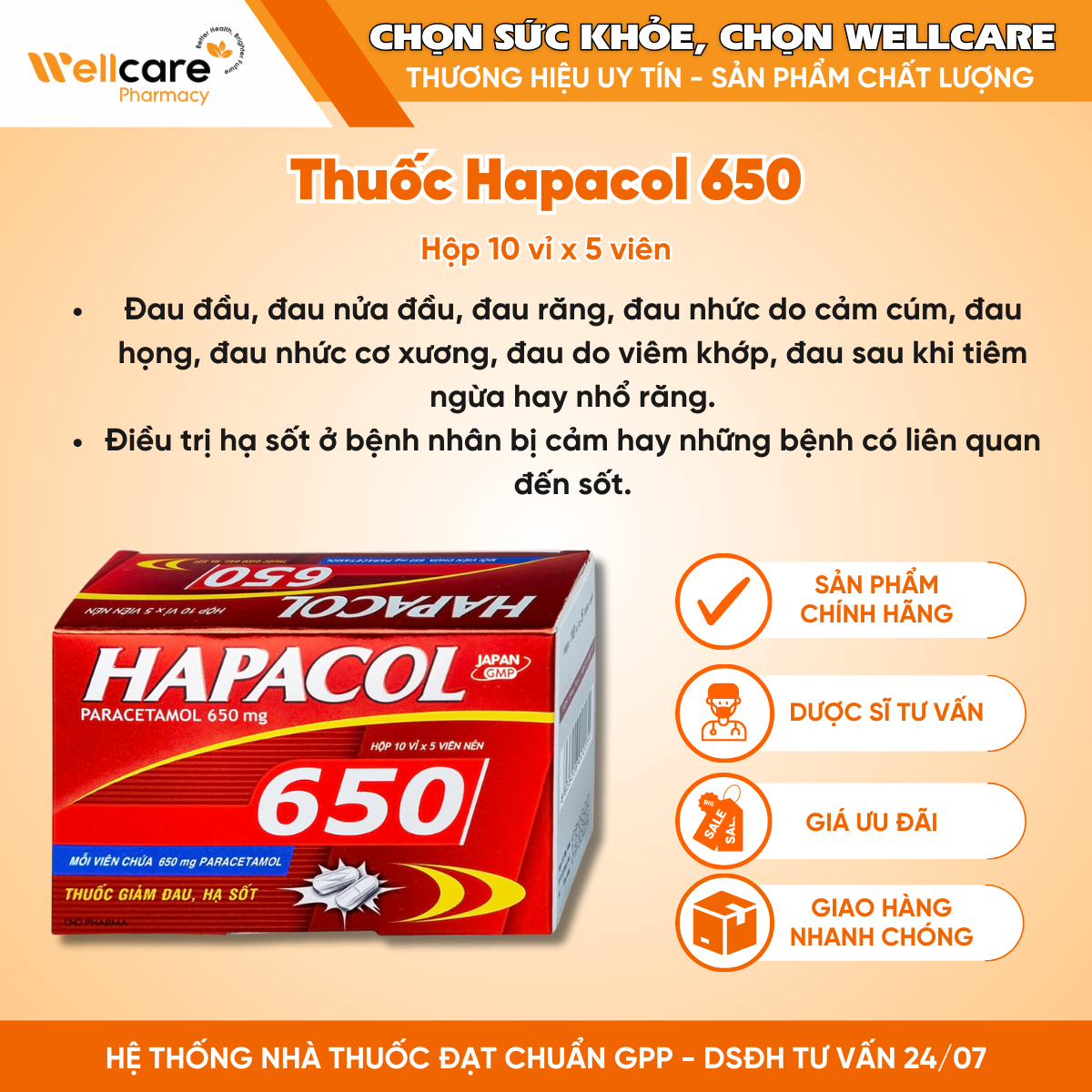 Thuốc Hapacol 650 – Giảm đau, hạ sốt (10 vỉ x 5 viên)