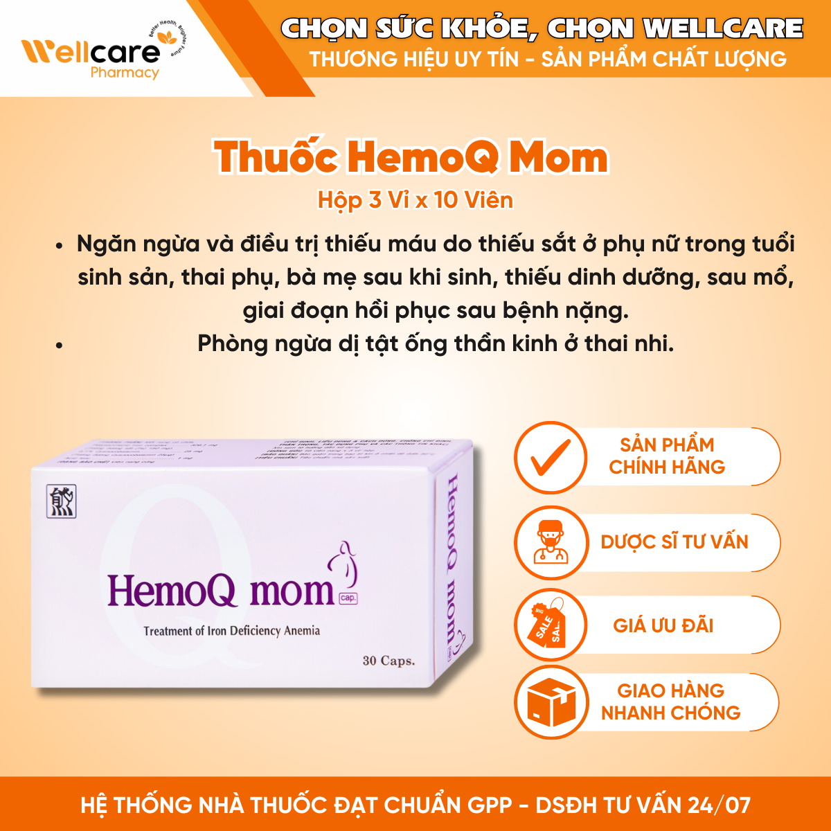 Thuốc HemoQ Mom – Phòng ngừa và điều trị thiếu máu (3 vỉ x 10 viên)