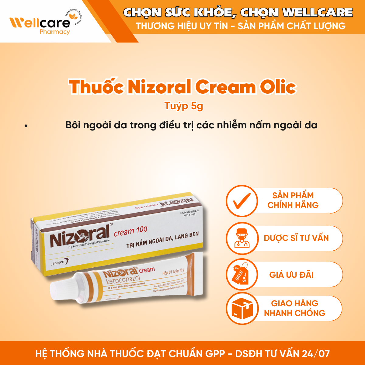 Thuốc Nizoral Cream Olic – Điều trị nhiễm nấm ngoài da (5g)