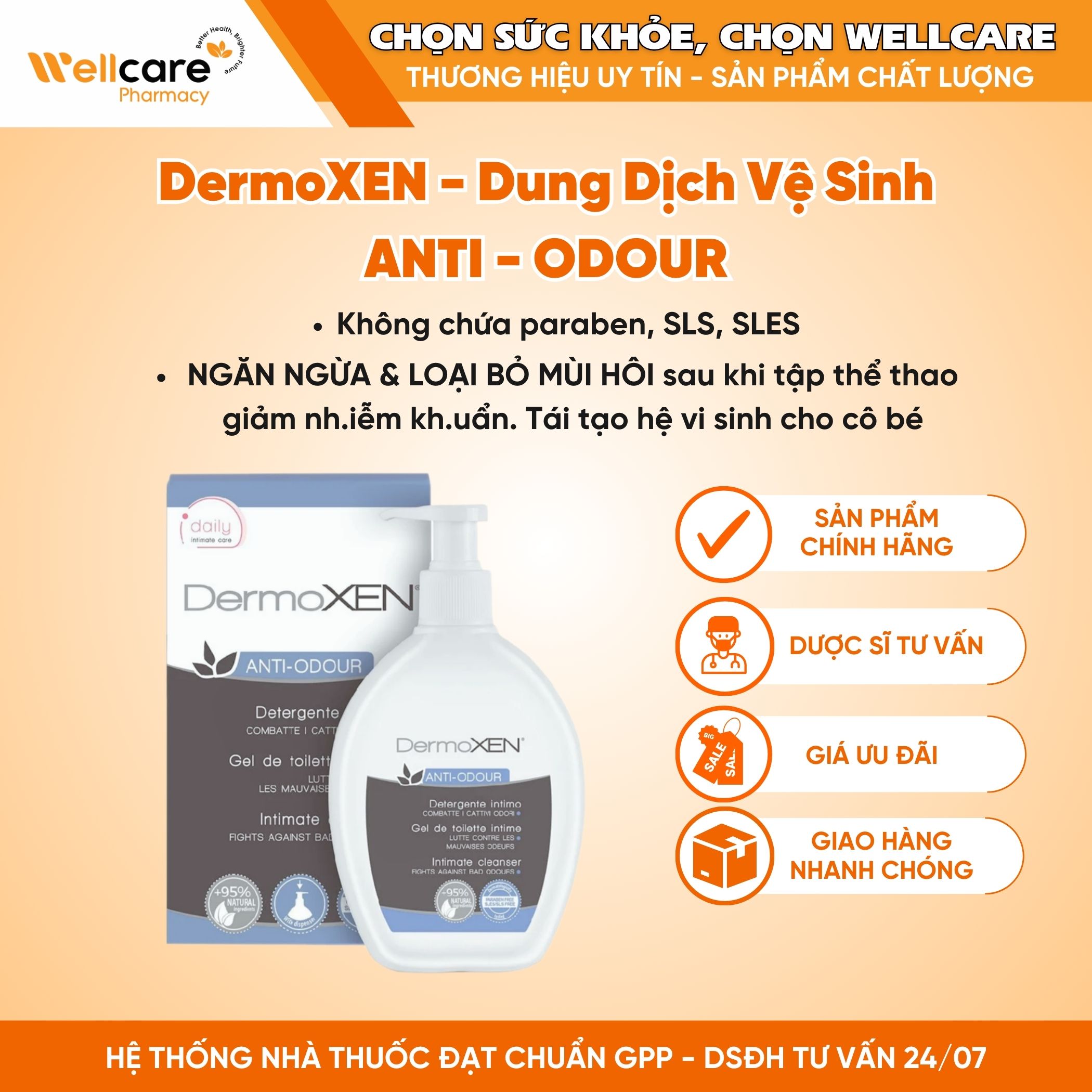 DermoXEN ANTI-ODOUR – Dung dịch vệ sinh cho phụ nữ, giảm mùi, triệu chứng khó chịu (Chai 200ml)