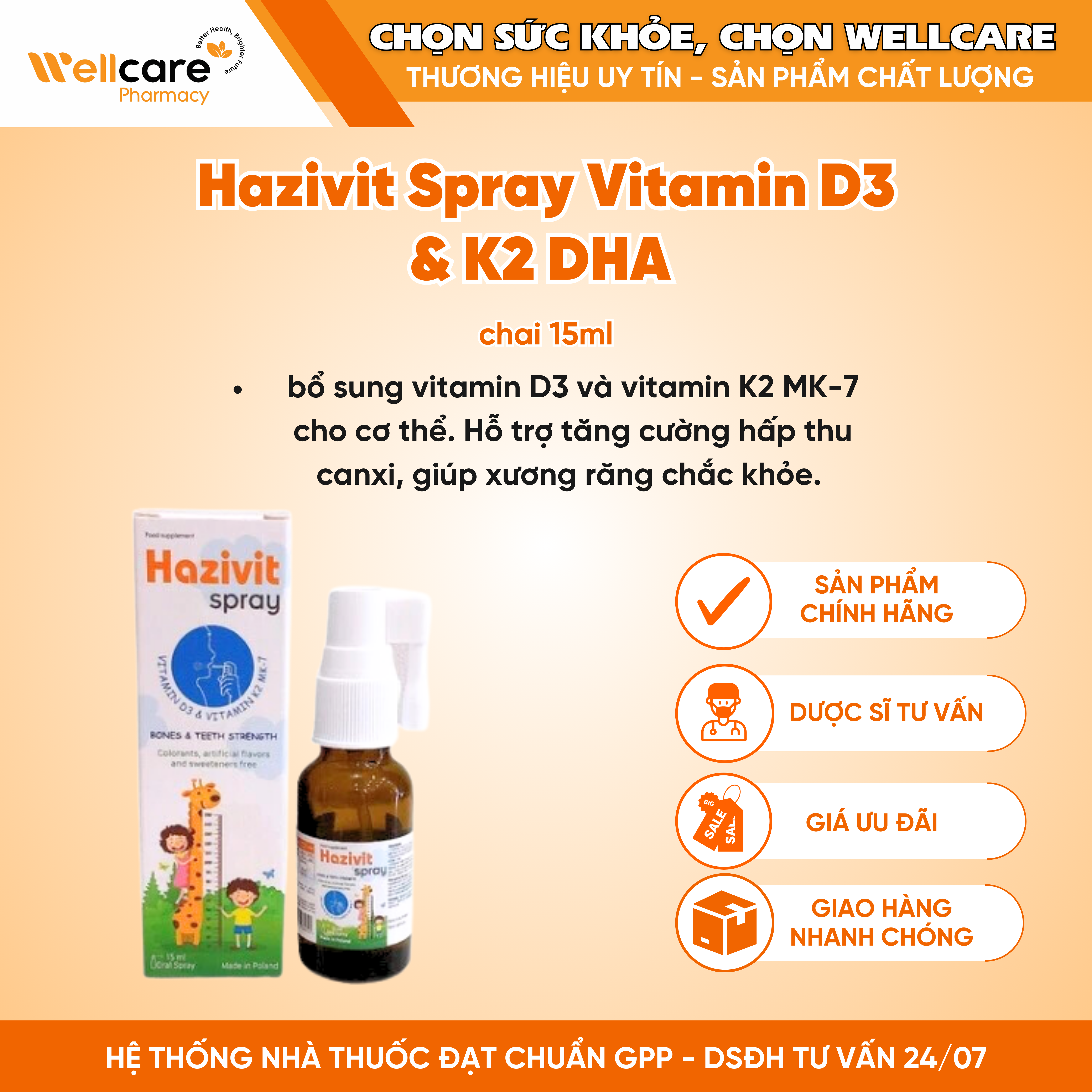 Hazivit Spray Vitamin D3 & K2 DHA – Xịt bổ sung vitamin, hỗ trợ phát triển chiều cao và trí não cho bé (Chai 15ml)