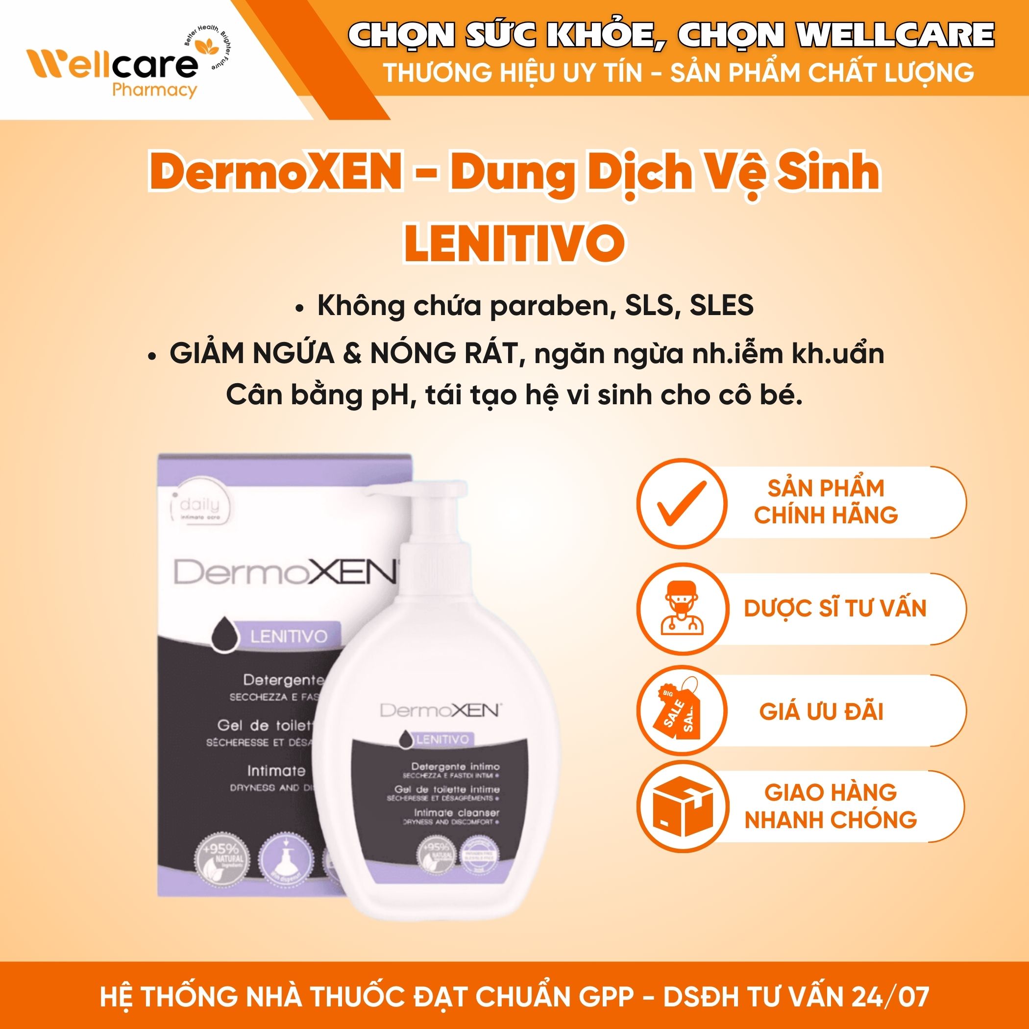 DermoXEN LENITIVO – Dung dịch vệ sinh giữ ẩm dành cho phụ nữ (Chai 200ml)