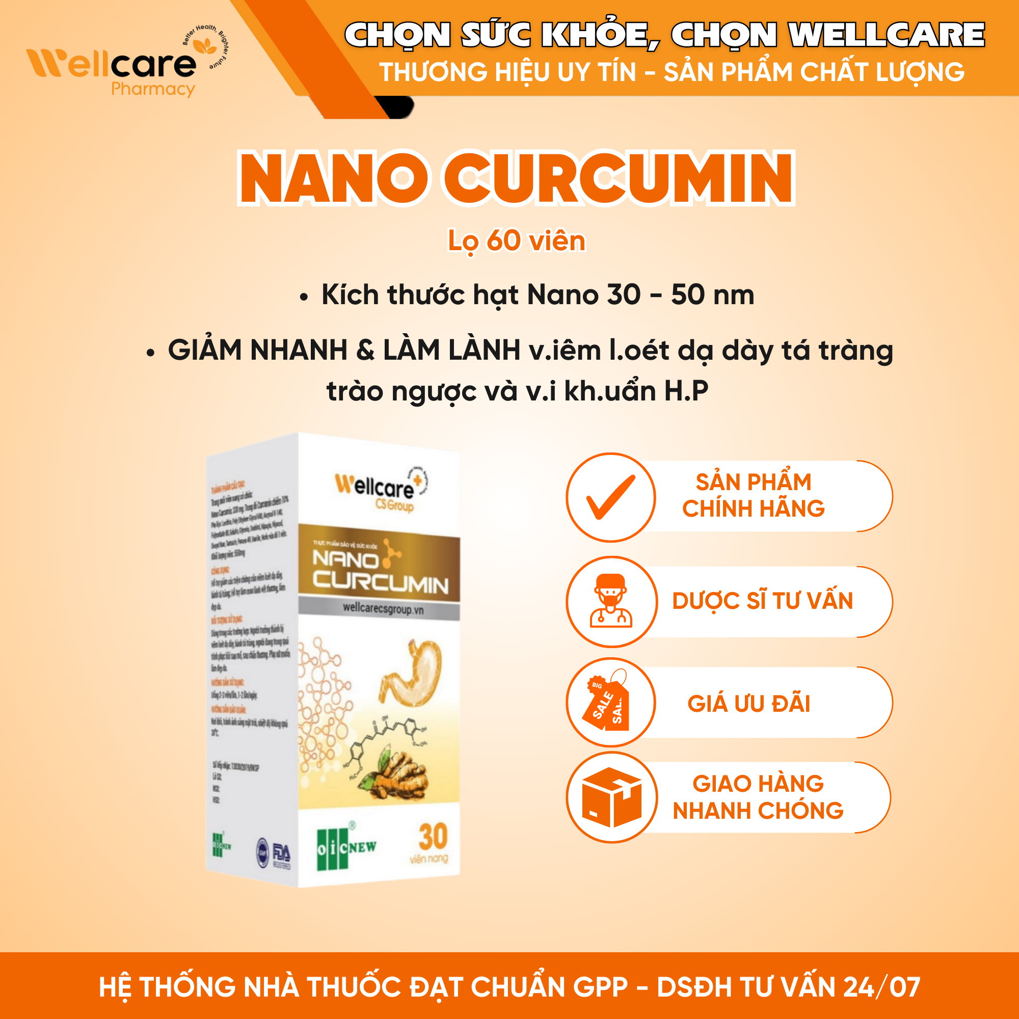 Nano Curcumin OIC NEW – Hỗ trợ giảm acid dịch vị, giúp bảo vệ niêm mạc dạ dày-tá tràng (Hộp 60 viên)