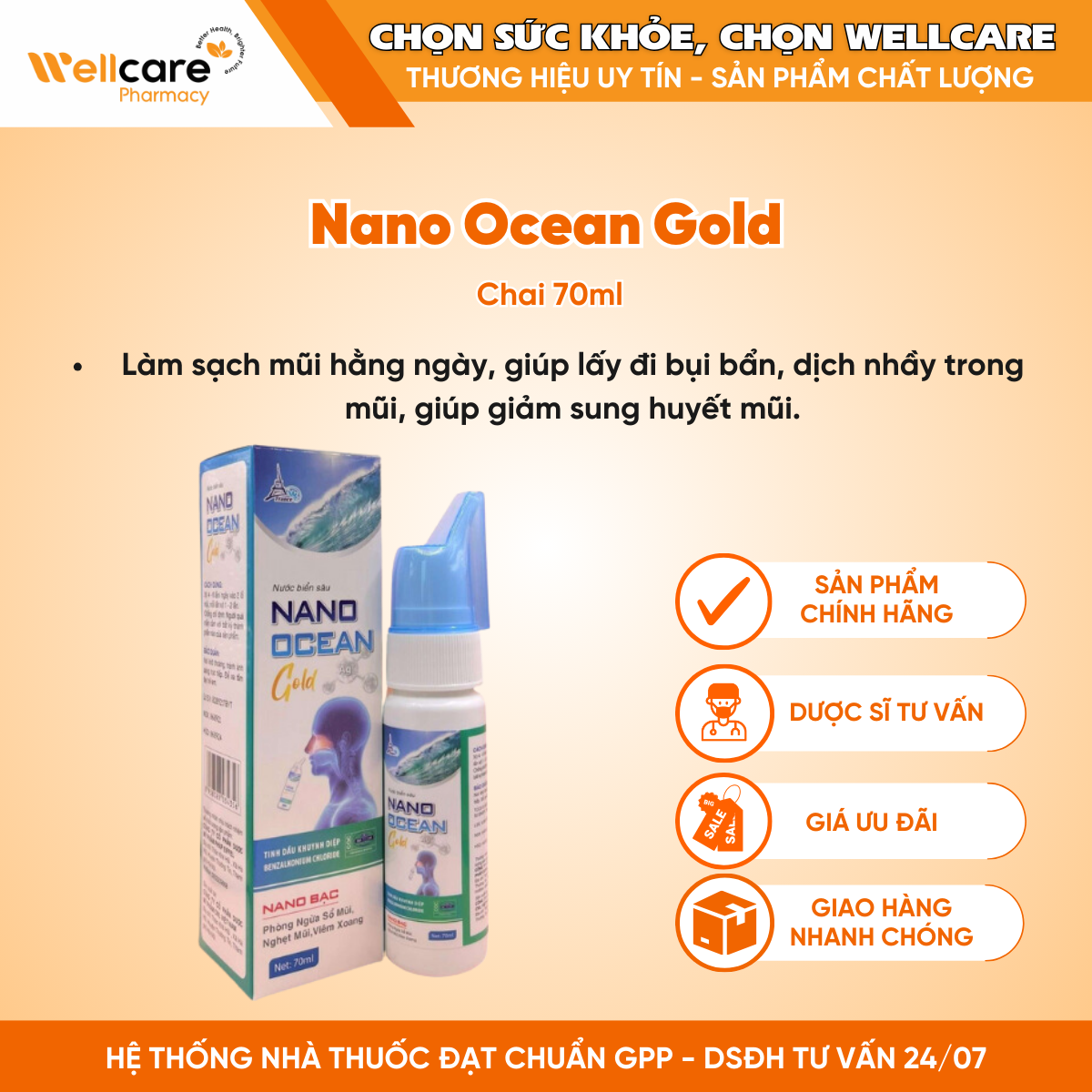 Nano Ocean Gold Nước muối biển sâu vệ sinh mũi  (Chai 70ml)