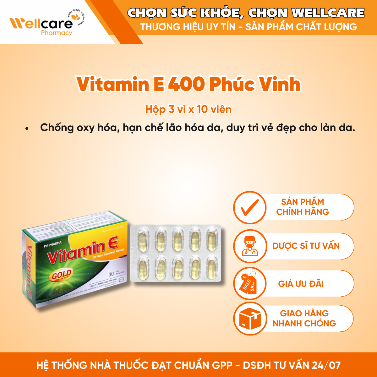 Viên uống Vitamin E 400 Phúc Vinh ( Hộp 3 vỉ x 10 viên)