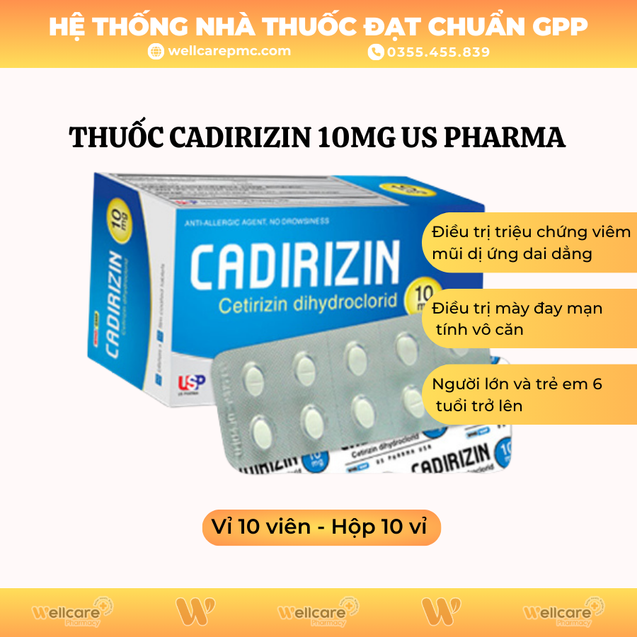 Thuốc Cadirizin 10mg US Pharma – Điều trị viêm mũi dị ứng, mày đai (Hộp 10 vỉ x 10 viên)