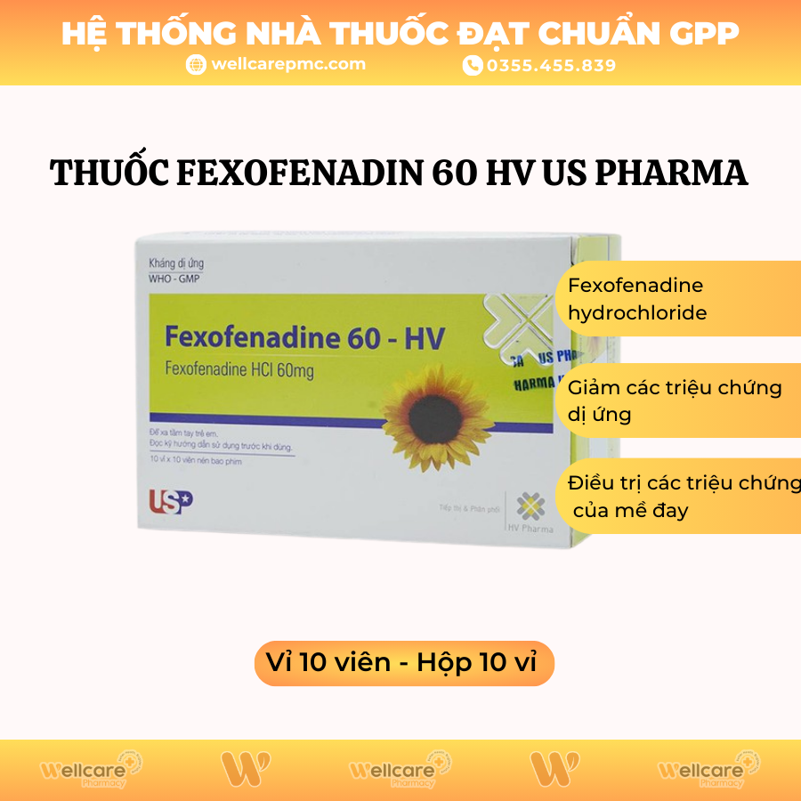 Thuốc Fexofenadin 60 HV US PHARMA – Trị viêm mũi dị ứng (Hộp 10 vỉ x 10 viên)