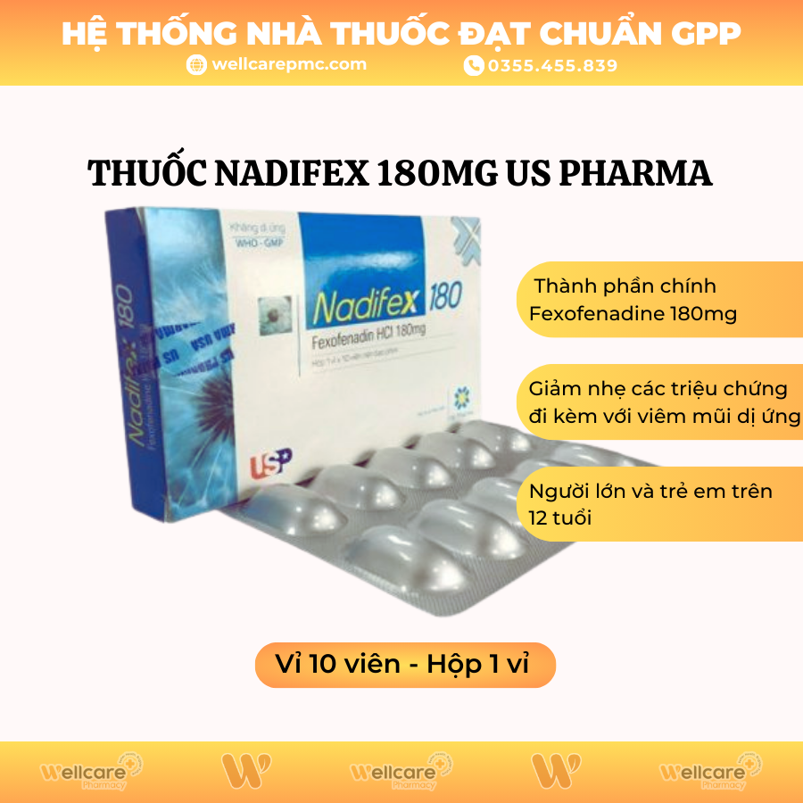 Thuốc Nadifex 180mg US Pharma – Giảm viêm mũi dị ứng (10 viên)