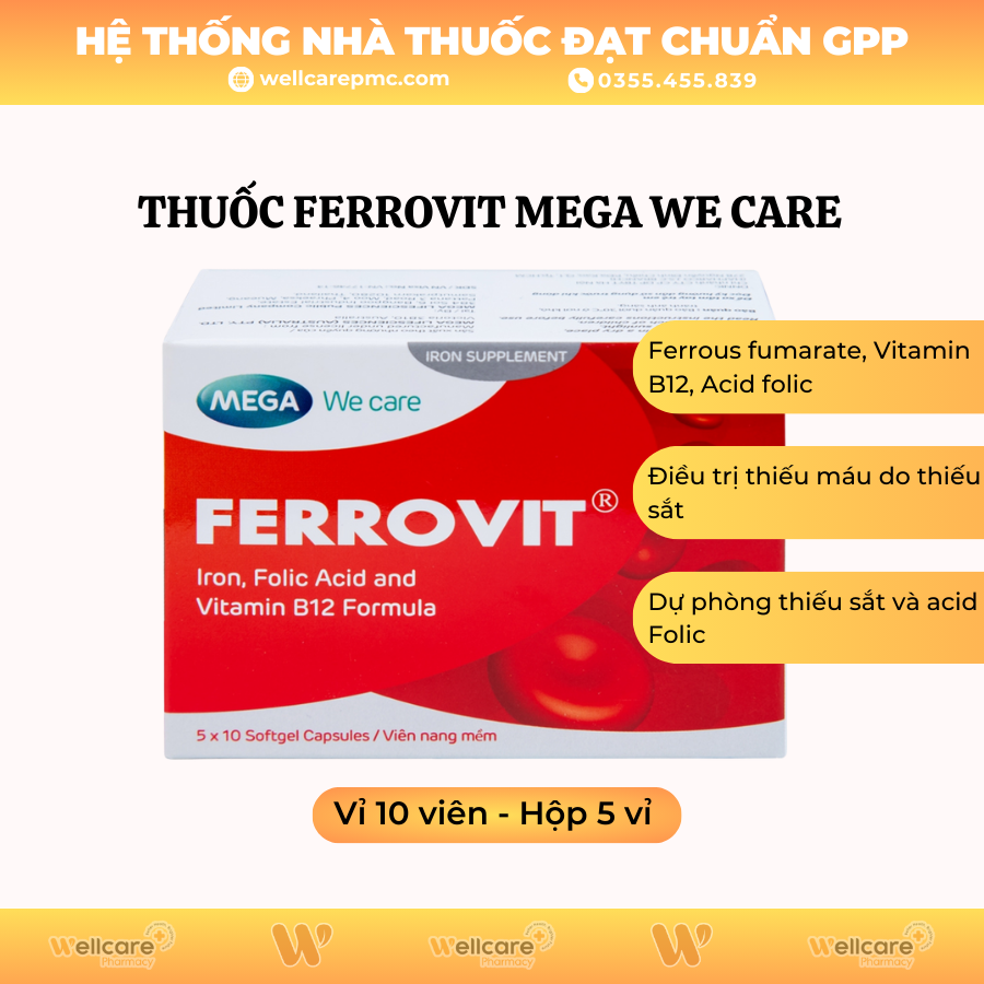 Thuốc Ferrovit MEGA We care – Hỗ trợ điều trị thiếu máu do thiếu sắt (5 vỉ x 10 viên)