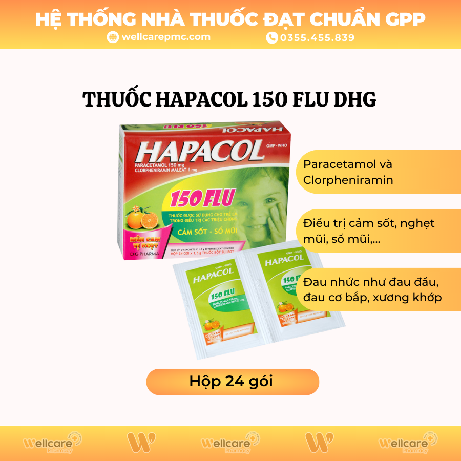 Thuốc Hapacol 150 Flu DHG – Điều trị triệu chứng cảm sốt, sổ mũi (1.5g x 24 gói)