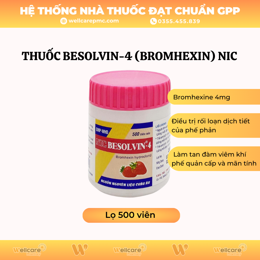 Thuốc Besolvin-4 (Bromhexin) NIC – Thuốc ho đàm (lọ/500v)