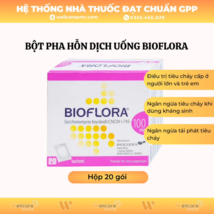 Bột pha hỗn dịch uống Bioflora 100mg Biocodex – Phòng và điều trị tiêu chảy (Hộp 20 gói)