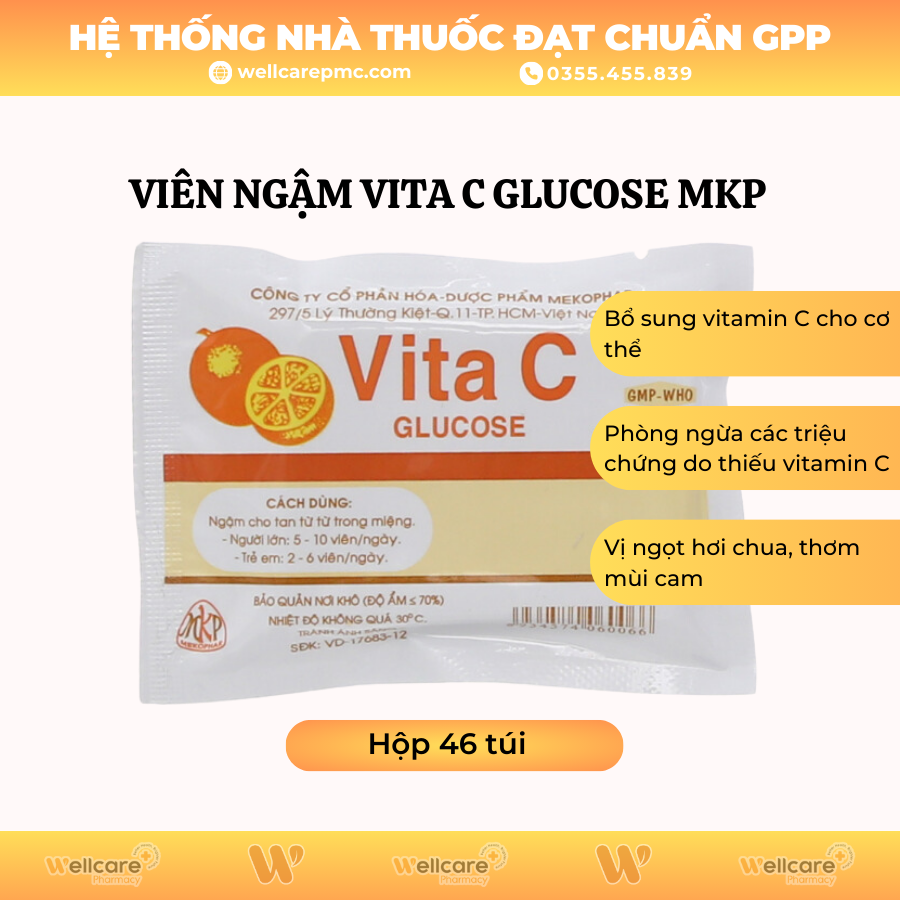 Viên ngậm Vita C Glucose MKP – Cung cấp Vitamin C cho cơ thể (Hộp 46tui x 24vien) – MKP