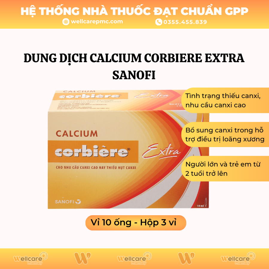 Dung dịch Calcium Corbiere Extra Sanofi – Bổ sung canxi (3 vỉ x 10 ống x 10ml)