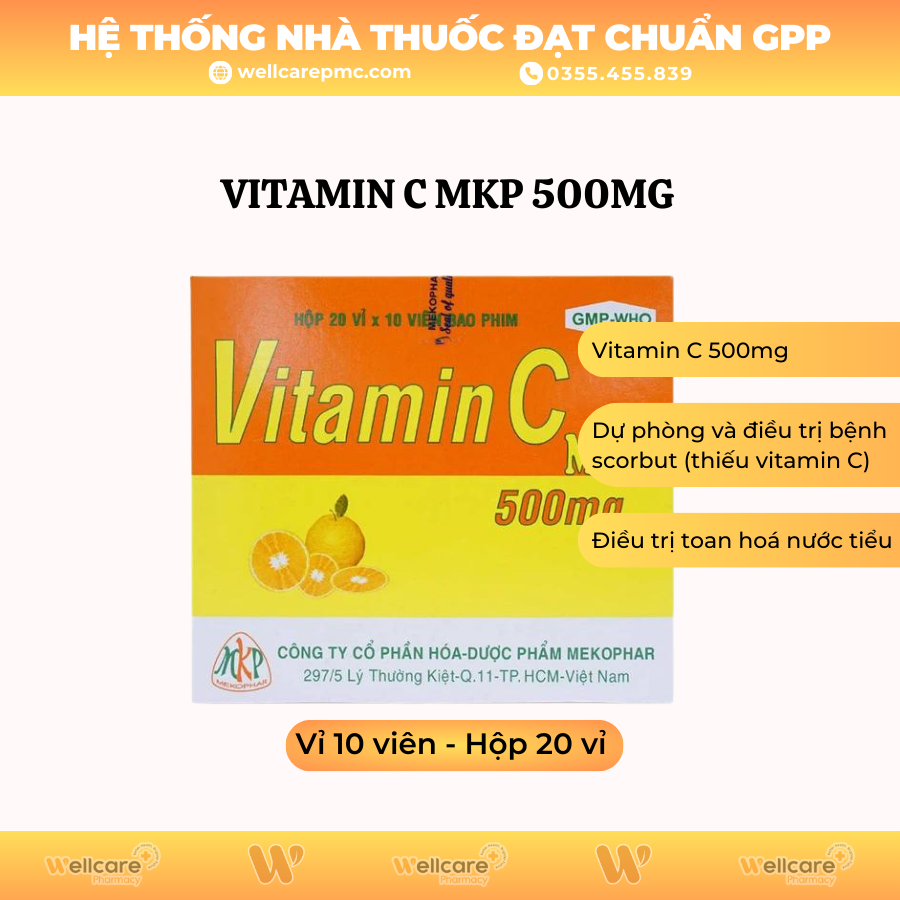 Vitamin C MKP 500mg – Bổ sung Vitamin C (Hộp 20 vỉ x 10 viên)