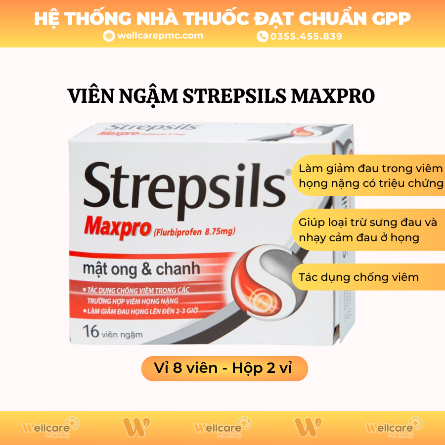 Viên ngậm Strepsils Maxpro Reckitt Benckiser – Giảm đau họng, chống viêm (2 vỉ x 8 viên)