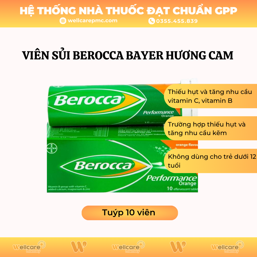 Viên sủi Berocca Bayer hương cam – Bổ sung vitamin và khoáng chất (10 viên)