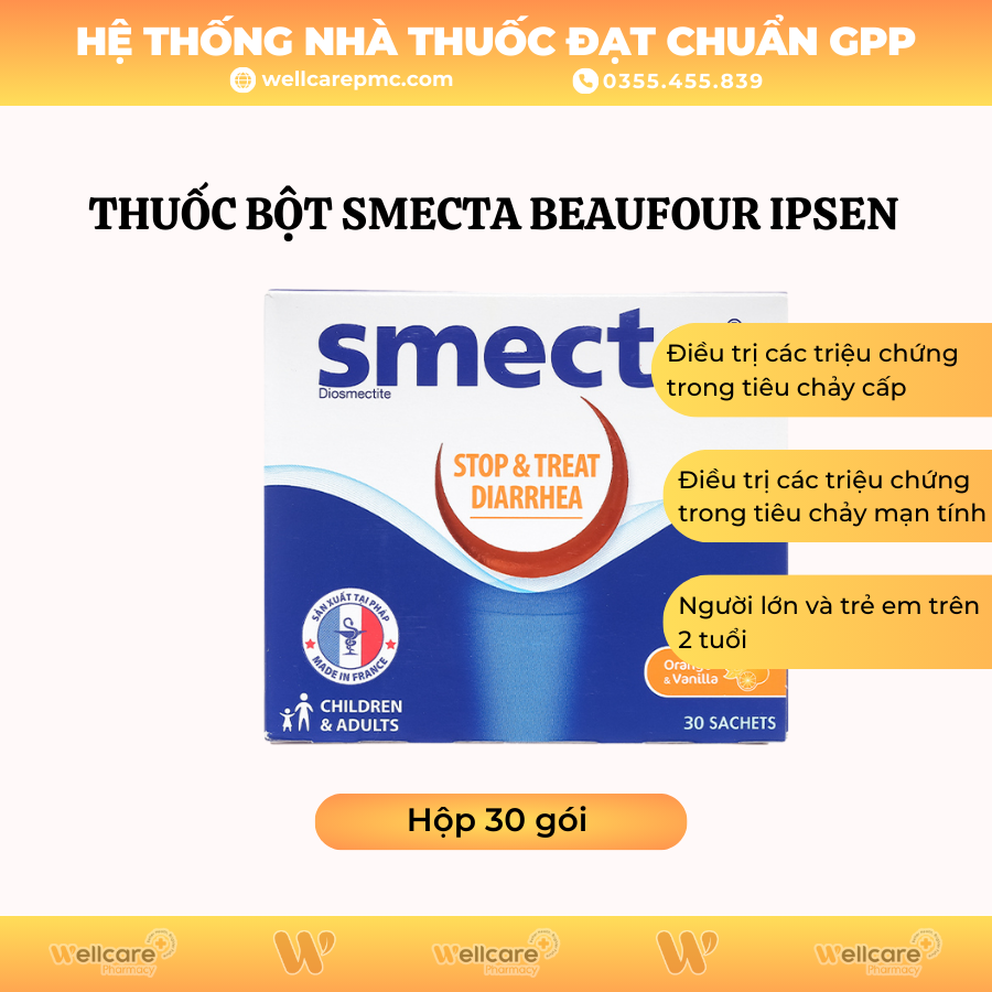 Thuốc bột Smecta Beaufour Ipsen hương cam và vani – Điều trị tiêu chảy, bảo vệ niêm mạc tiêu hoá (30 gói)