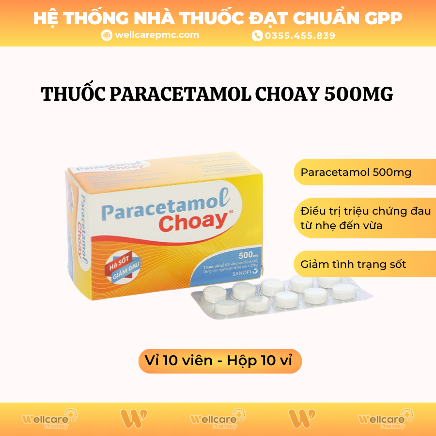 Thuốc Paracetamol Choay 500mg Sanofi – Hỗ trợ giảm đau, hạ sốt (10 vỉ x 10 viên)
