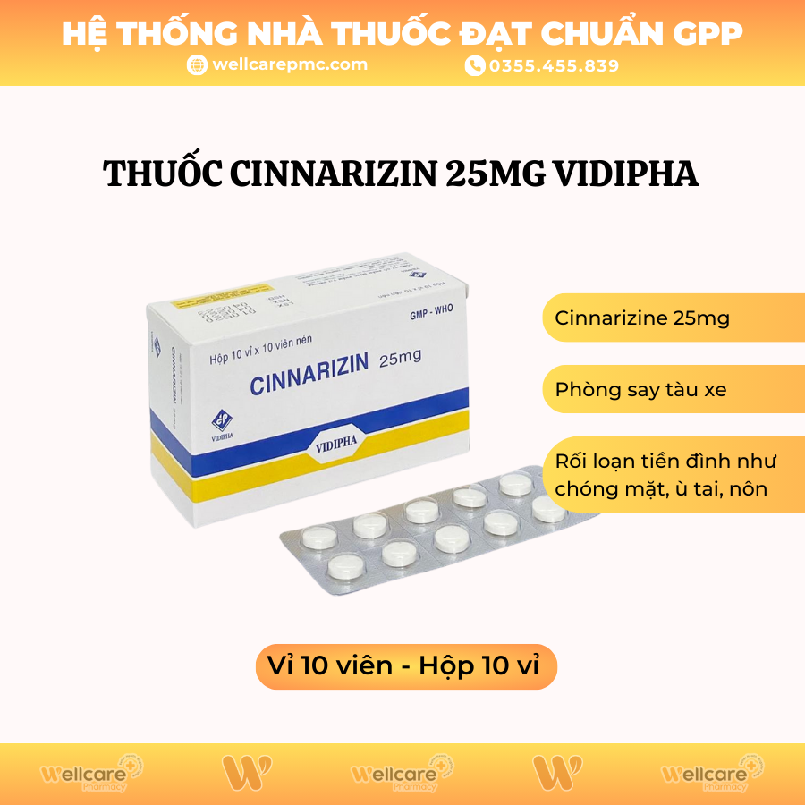 Thuốc Cinnarizin 25mg Vidipha – Hỗ trợ điều trị rối loạn tiền đình, phòng say tàu xe (Hộp 10 vỉ x 10 viên)