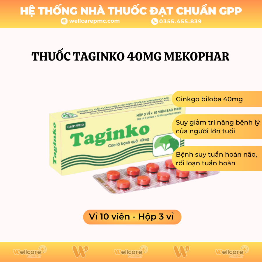 Thuốc Taginko 40mg Mekophar – Tăng cường tuần hoàn não bộ (3 vỉ x 10 viên)