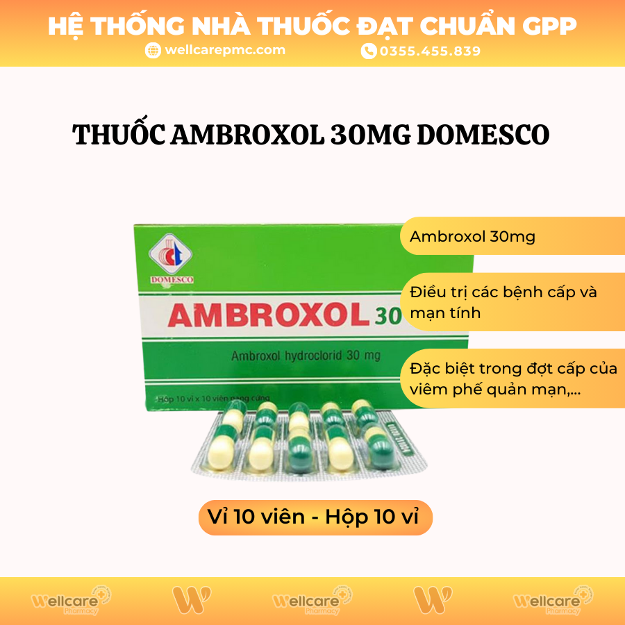 Thuốc Ambroxol 30mg Domesco – Điều trị bệnh đường hô hấp (10 vỉ x 10 viên)