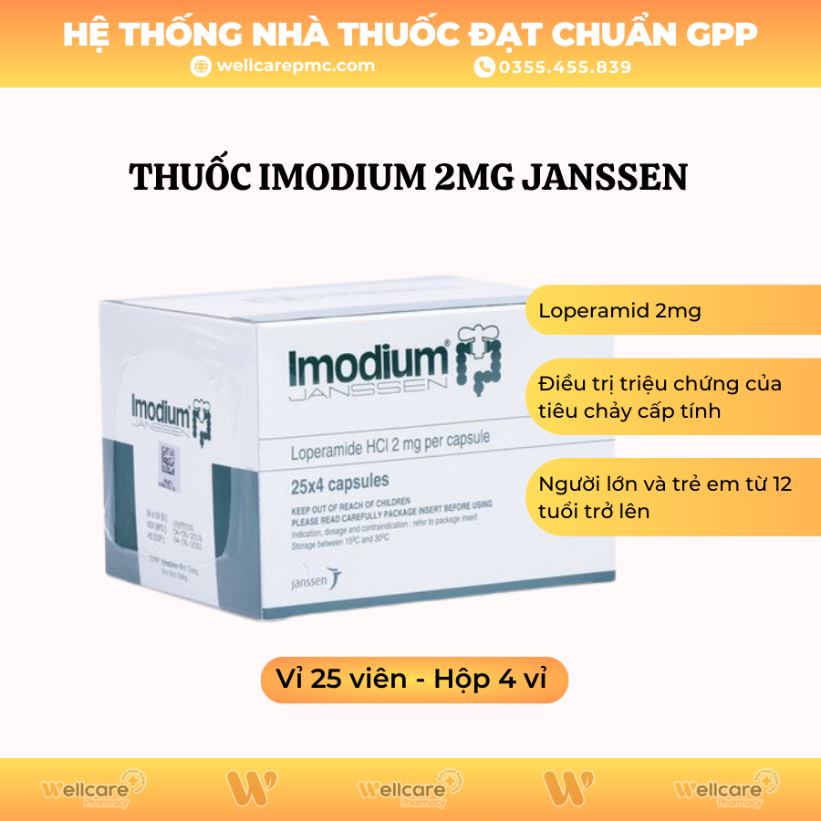 Thuốc Imodium 2mg Janssen – Điều trị tiêu chảy cấp ở người lớn và trẻ em (25 vỉ x 4 viên)