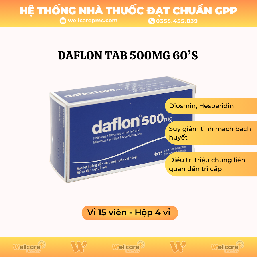 DAFLON TAB 500MG 60’S – Thuốc trị viêm tĩnh mạch & giãn tĩnh mạch (Hộp 4 vỉ x 15 viên)
