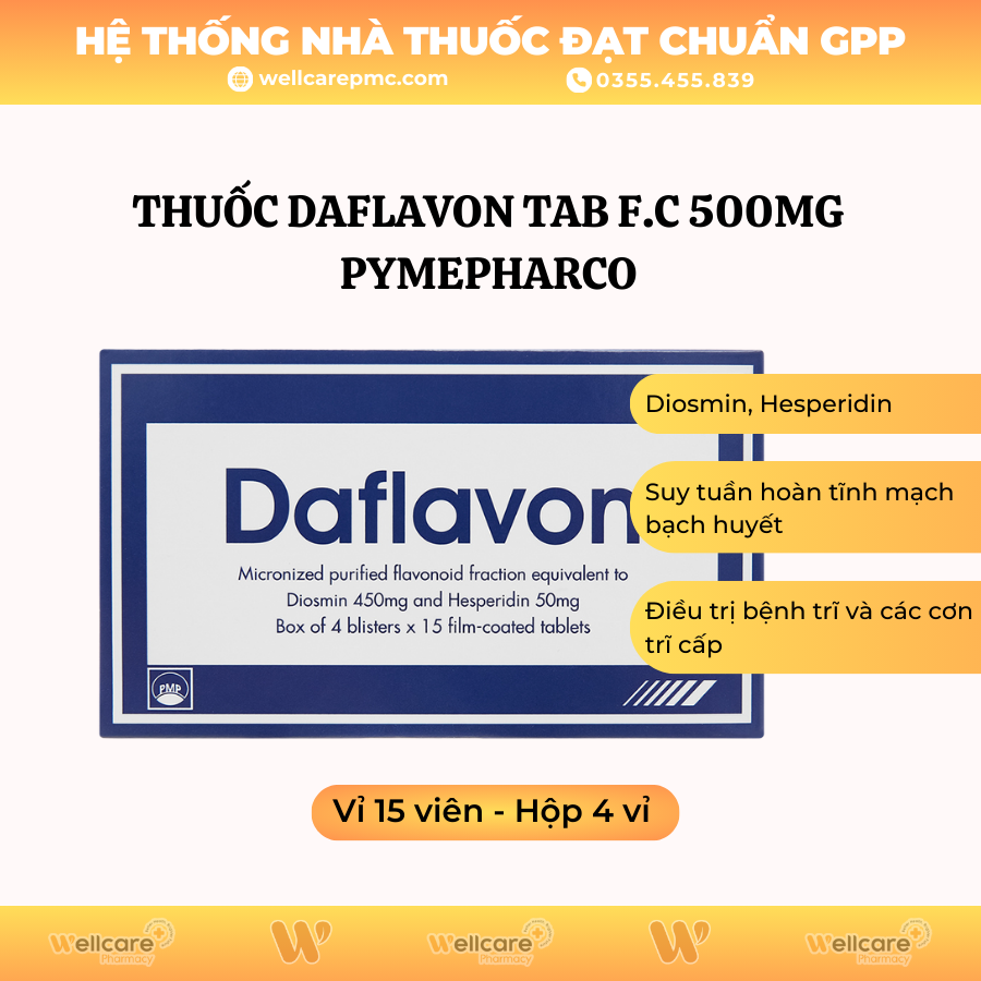 Thuốc DAFLAVON TAB F.C 500MG Pymepharco – Điều trị triệu chứng suy tuần hoàn mạch bạch huyết (60 viên)